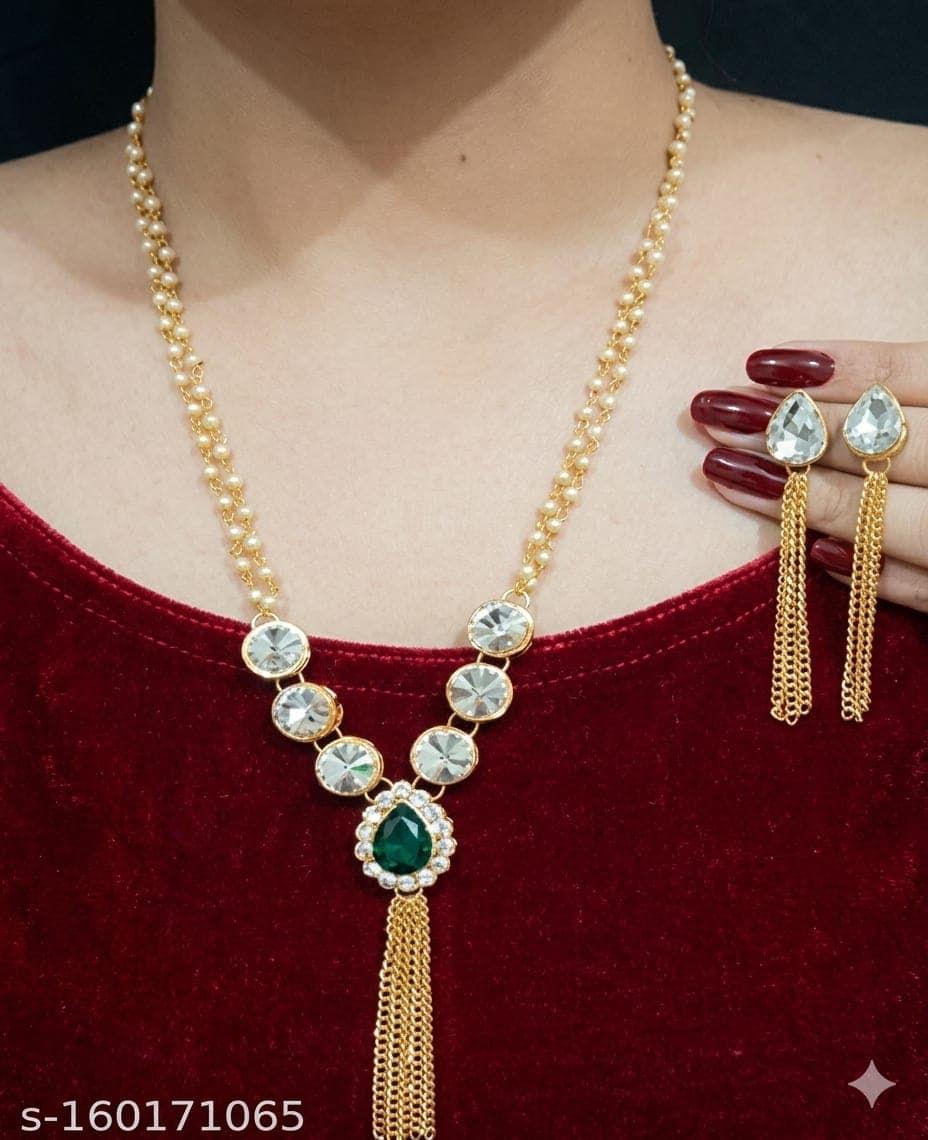 Manchaha Gold-Plated Kundan & Moti Double Layer Chain Necklace Set