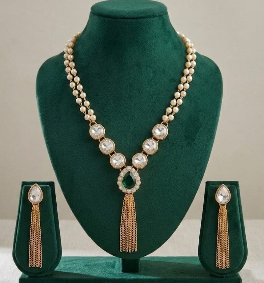 Manchaha Gold-Plated Kundan & Moti Double Layer Chain Necklace Set