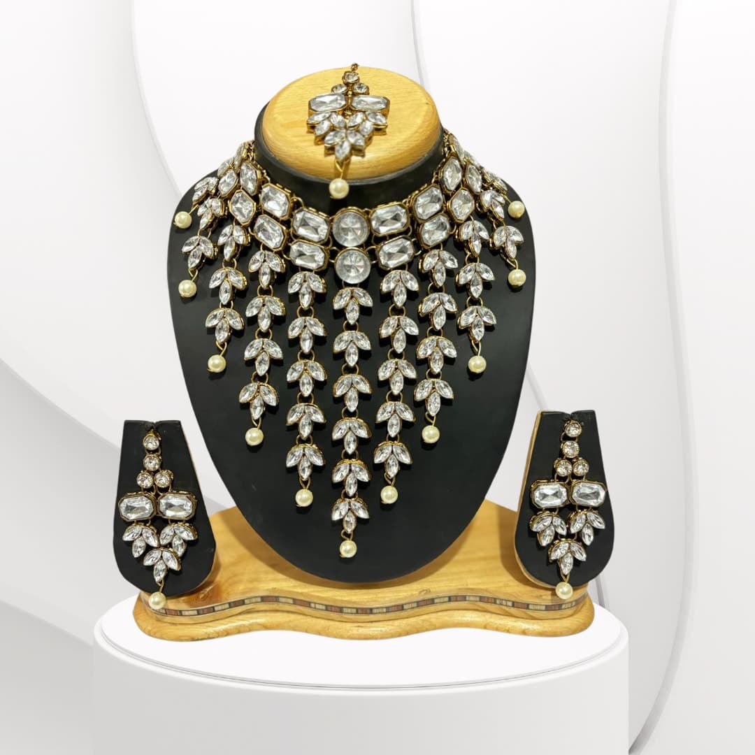 Manchaha Matte-Gold Plated White Kundan & Stone Kadi Necklace Set