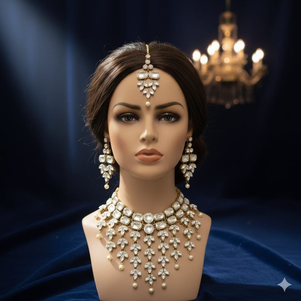 Manchaha Matte-Gold Plated White Kundan & Stone Kadi Necklace Set