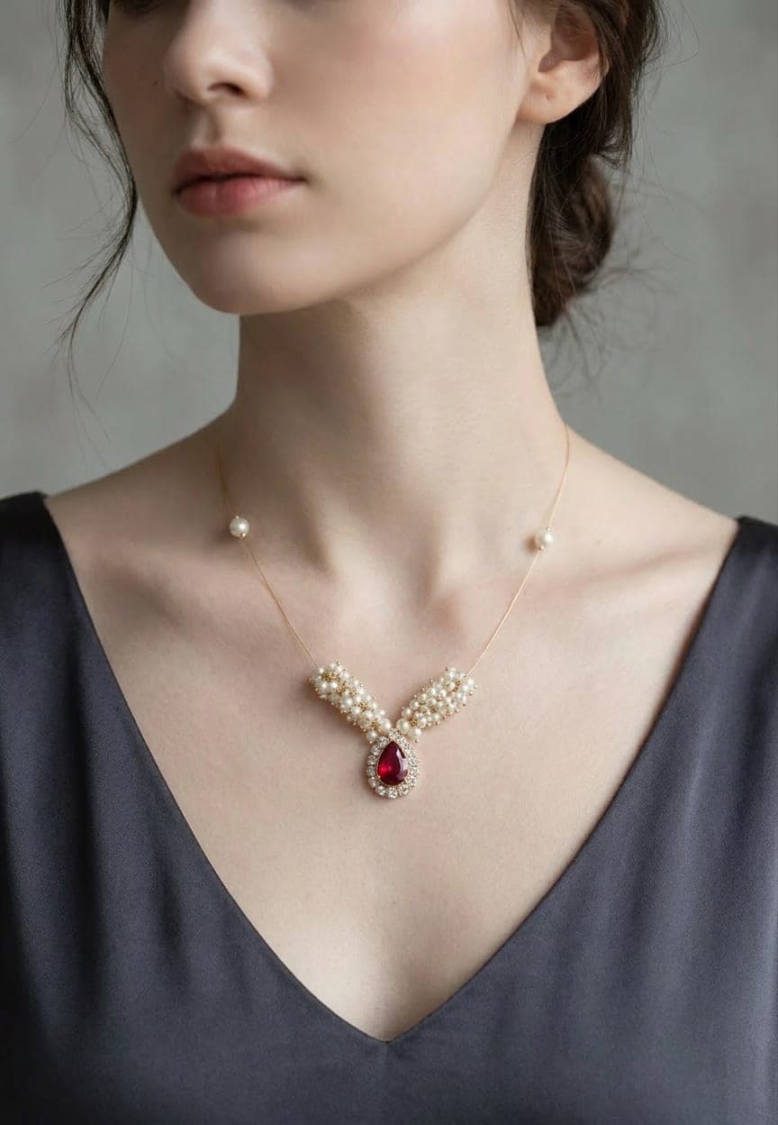 Manchaha Gold Wire Maroon Necklace