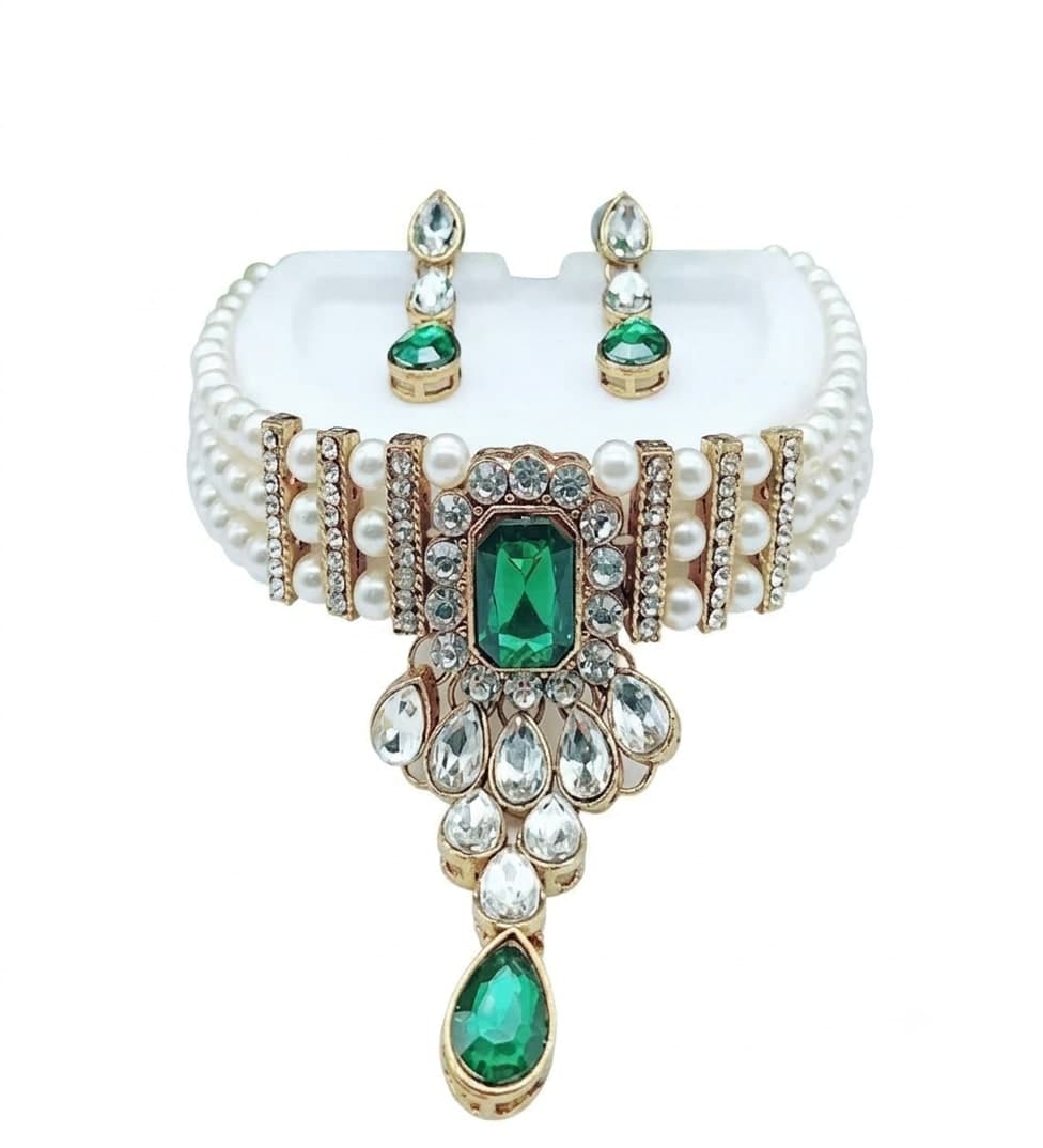 Manchaha Matte-Plated Pearl Choker Set - Green