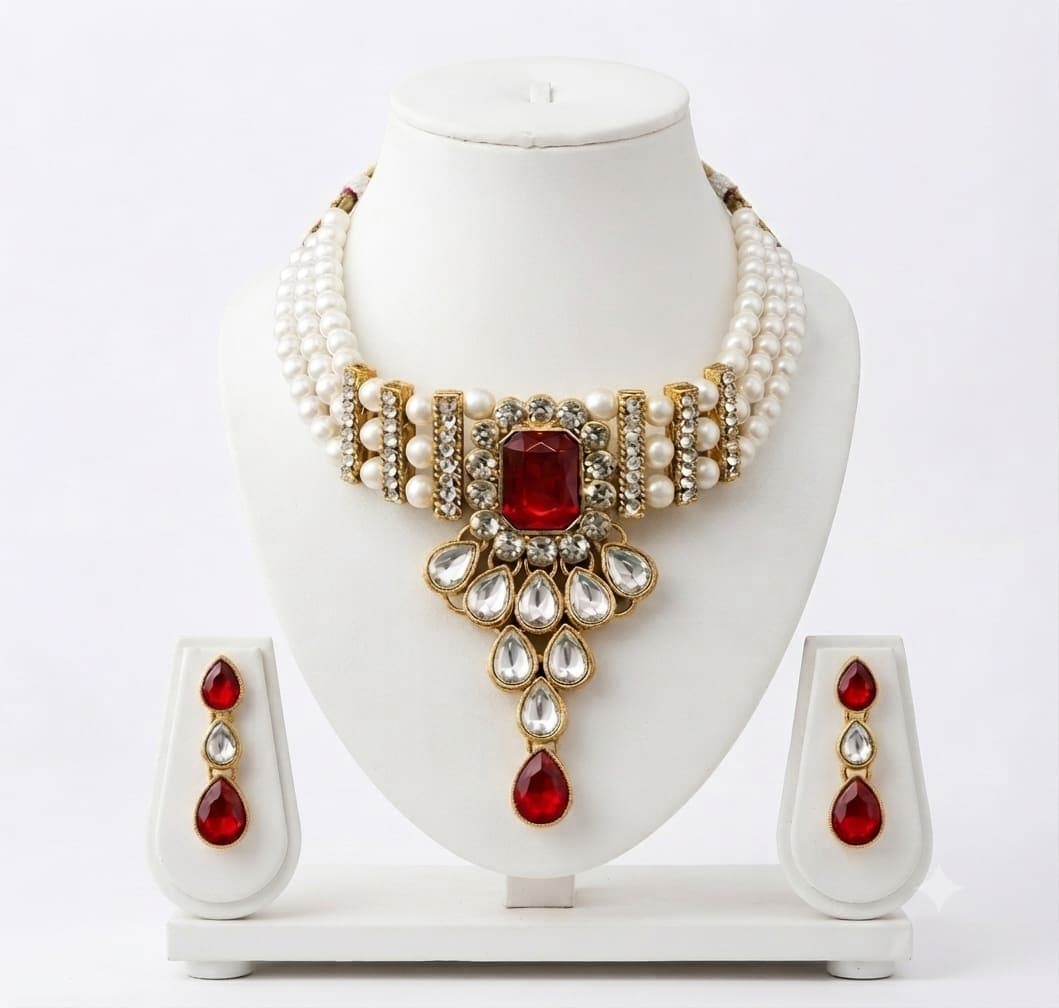Manchaha Matte-Plated Pearl Choker Set - Maroon