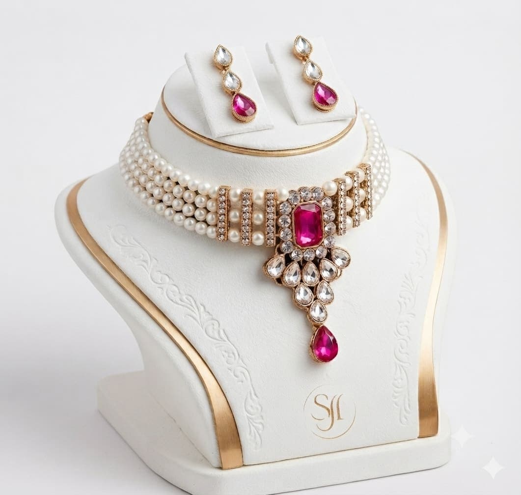 Manchaha Matte-Plated Pearl Choker Set - Pink