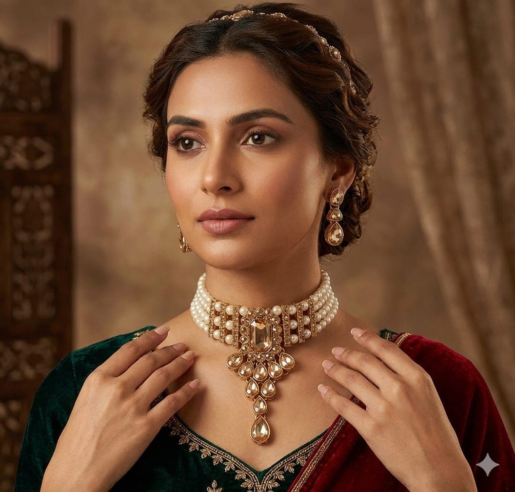Manchaha Matte-Plated Pearl Choker Set - Gold