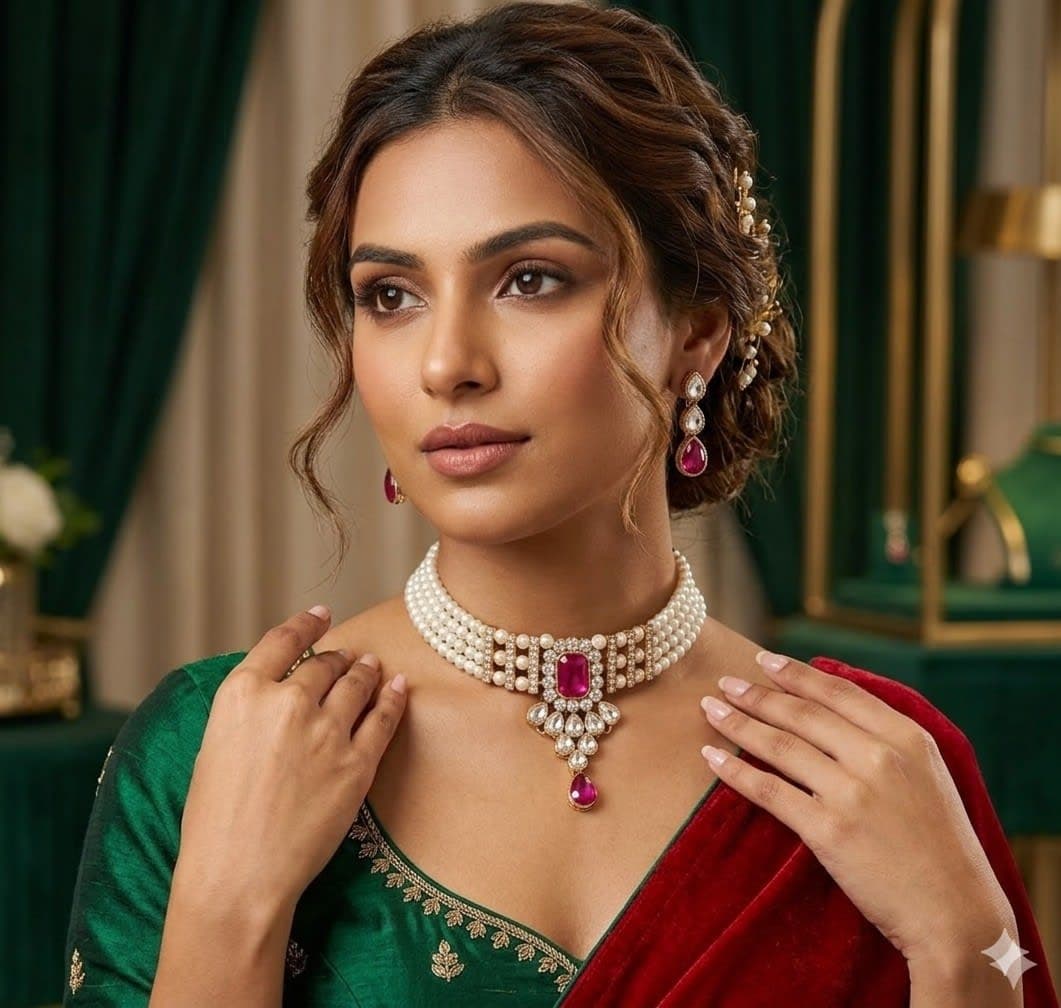 Manchaha Matte-Plated Pearl Choker Set - Pink