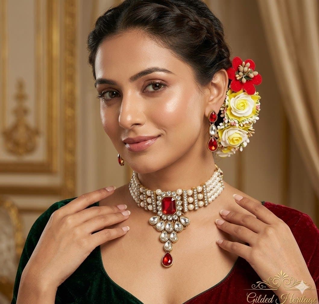 Manchaha Matte-Plated Pearl Choker Set - Maroon