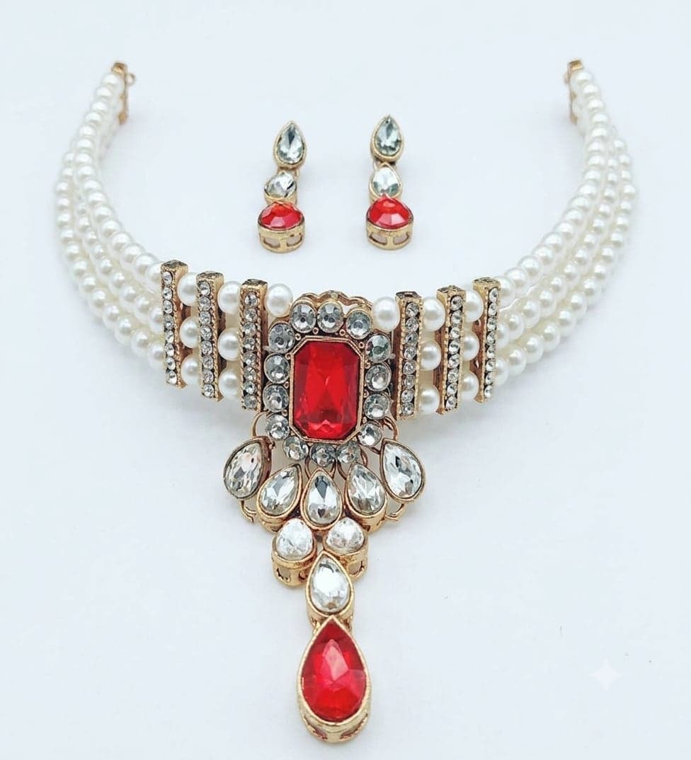 Manchaha Matte-Plated Pearl Choker Set - Red
