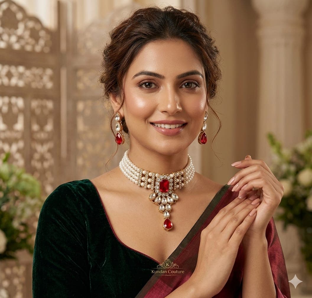 Manchaha Matte-Plated Pearl Choker Set - Red