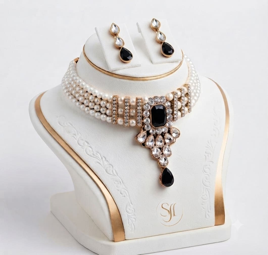Manchaha Matte-Plated Pearl Choker Set - Black