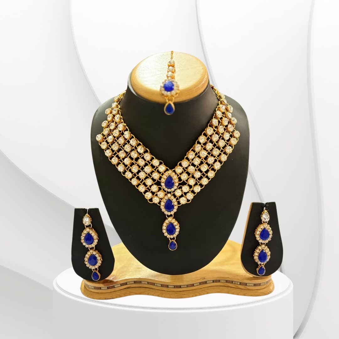 Manchaha Gold Plated Maroon Bridal Collection Set - Blue