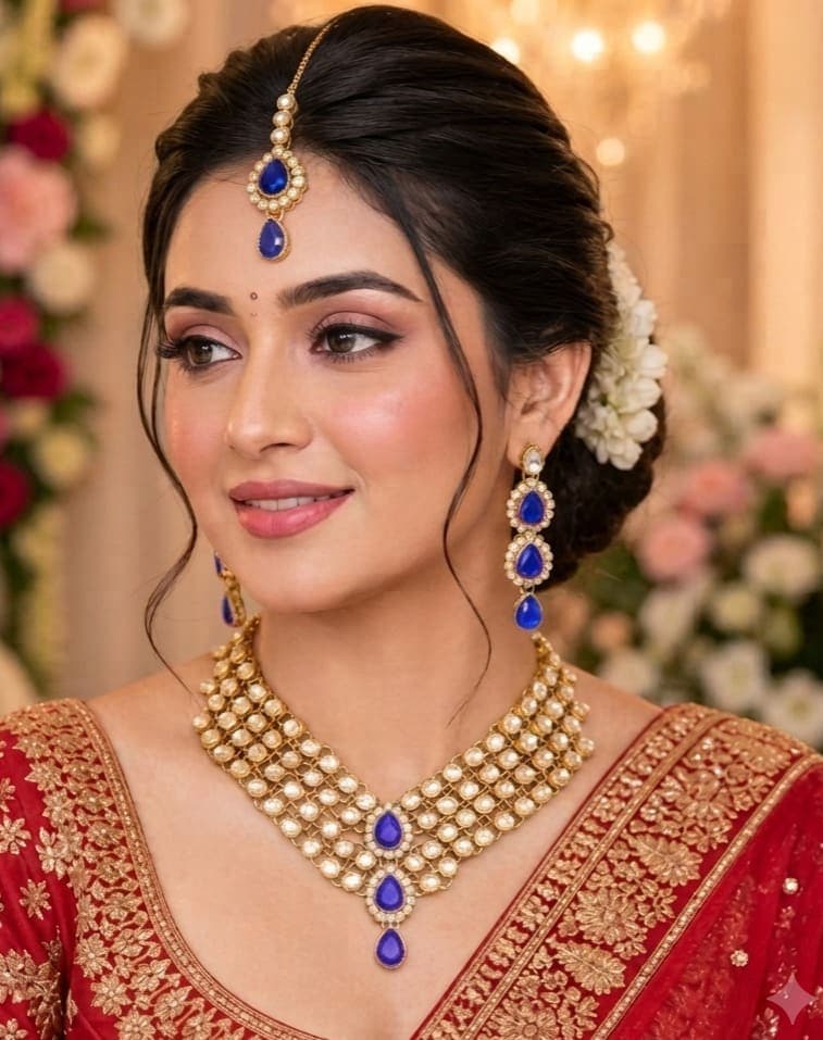Manchaha Gold Plated Maroon Bridal Collection Set - Blue