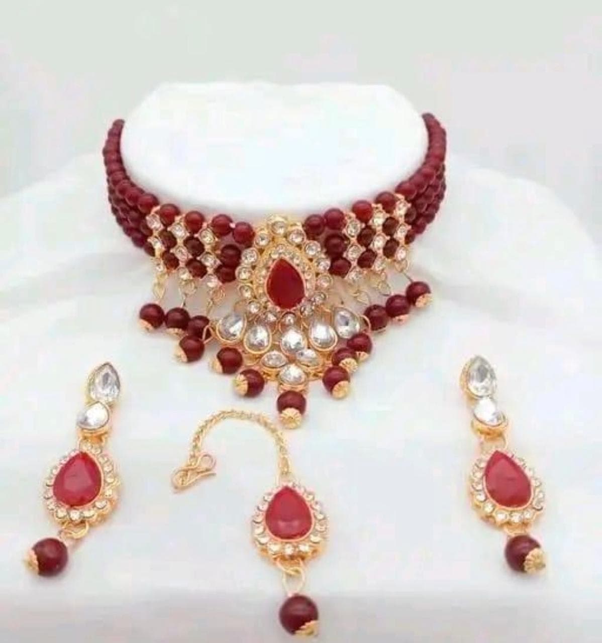 Manchaha Gold-Plated Pearl Choker Necklace Set - Maroon
