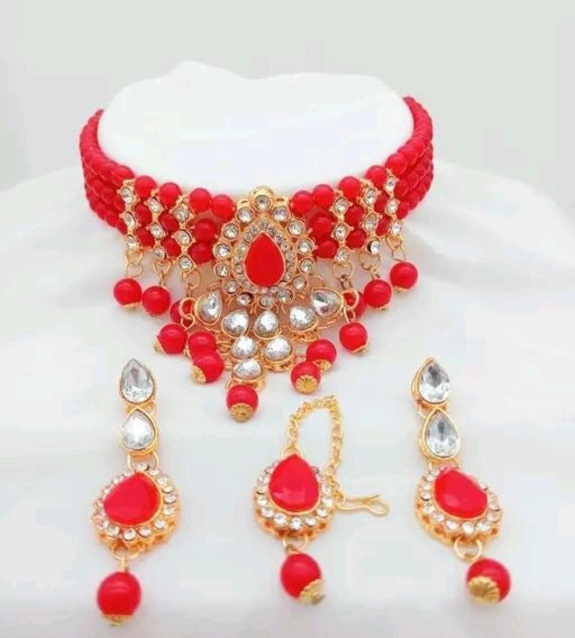Manchaha Gold-Plated Pearl Choker Necklace Set - Red