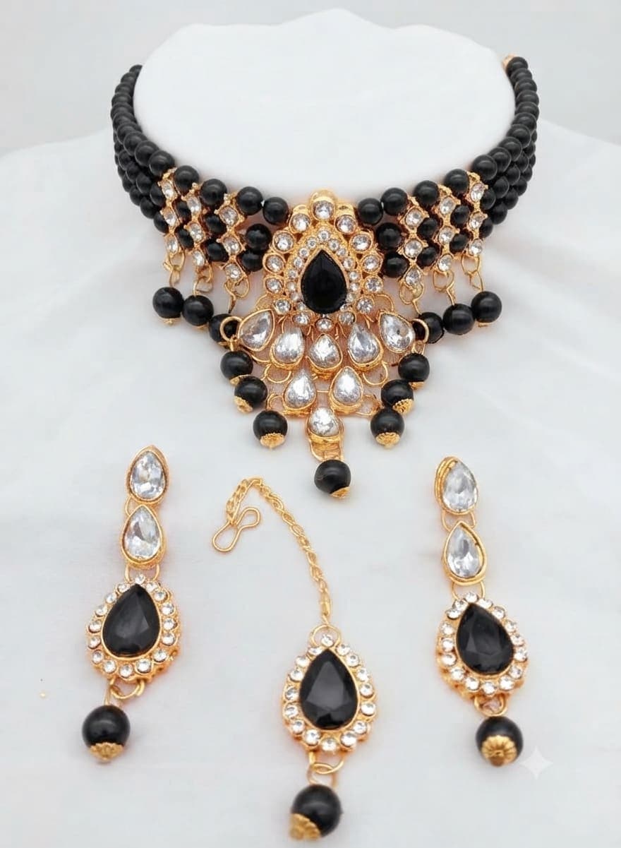Manchaha Gold-Plated Pearl Choker Necklace Set - Black