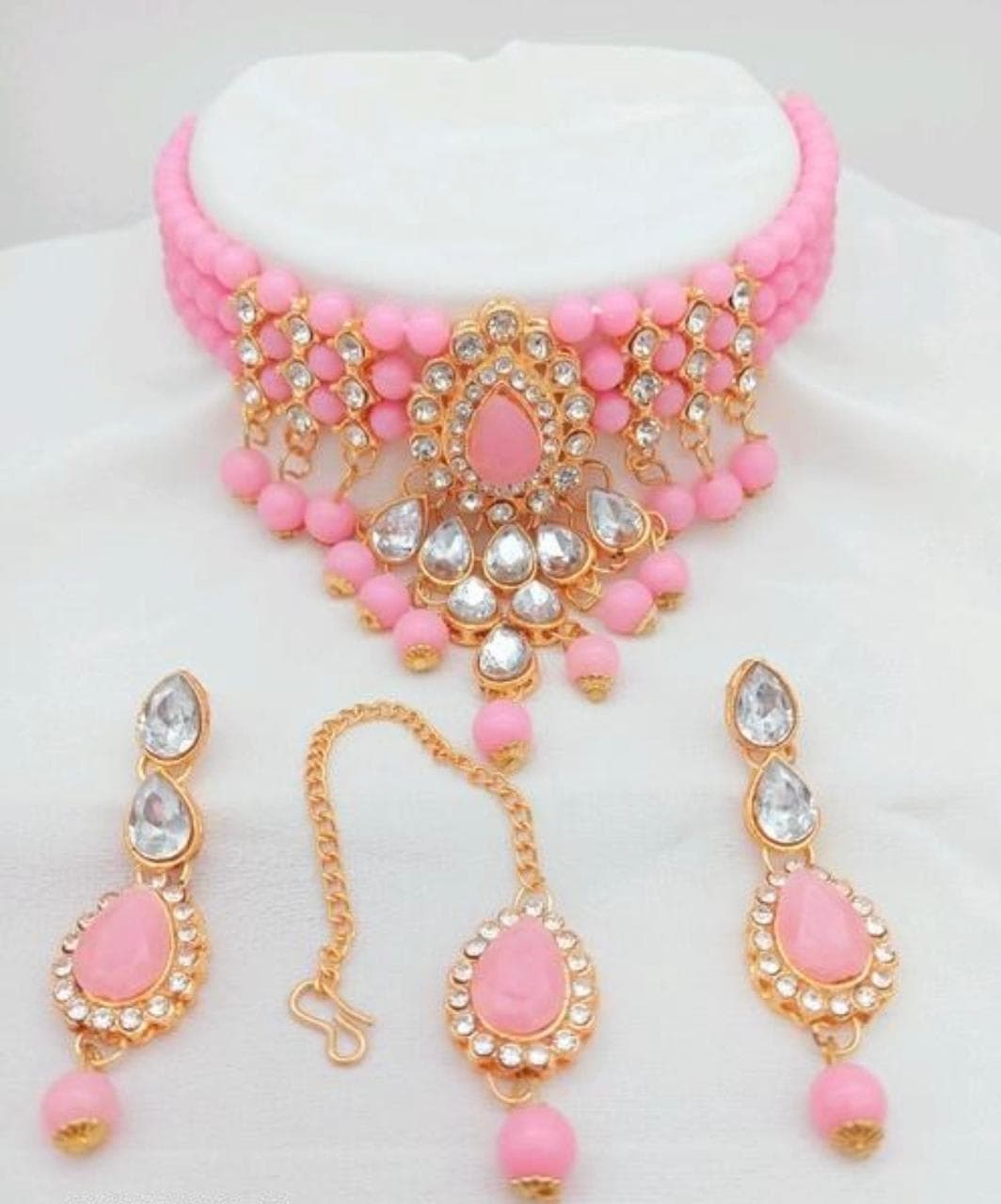 Manchaha Gold-Plated Pearl Choker Necklace Set - Red - Pink