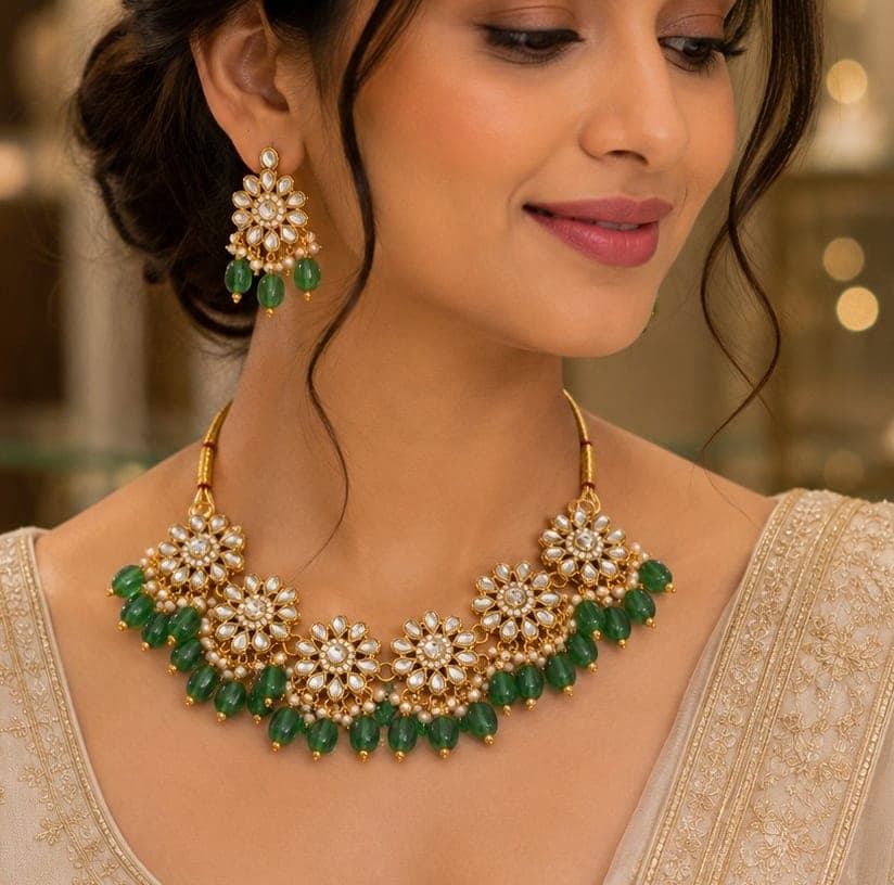 Manchaha Floral Kundan Choker Set - Green