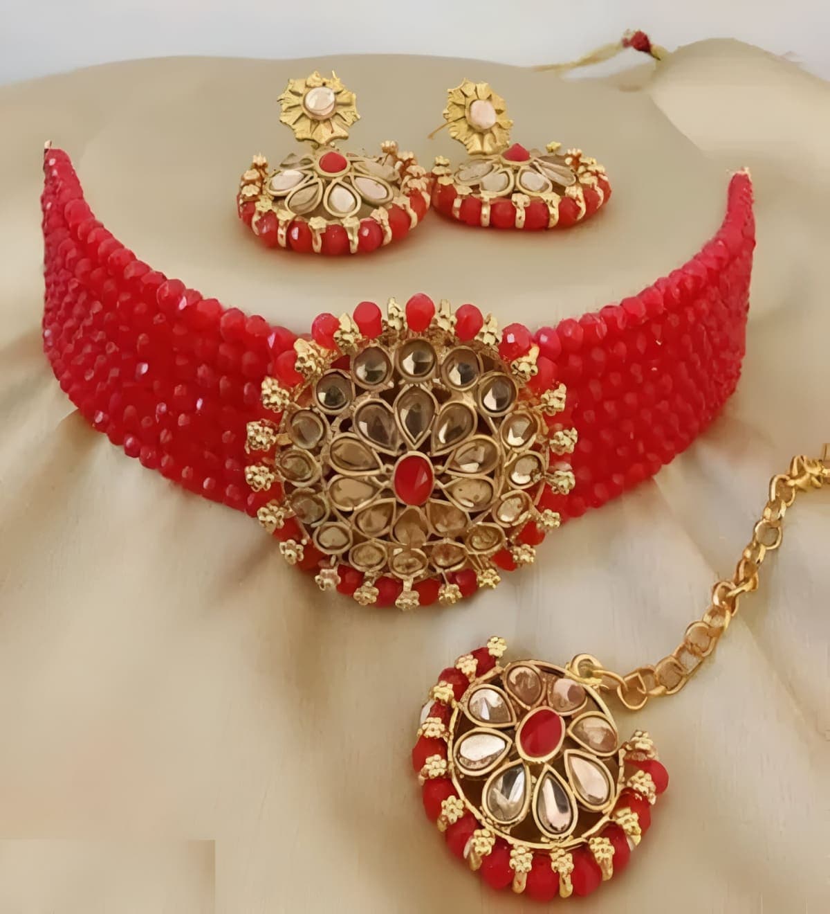 Manchaha Gold Plated Aishwarya Choker Set - Red