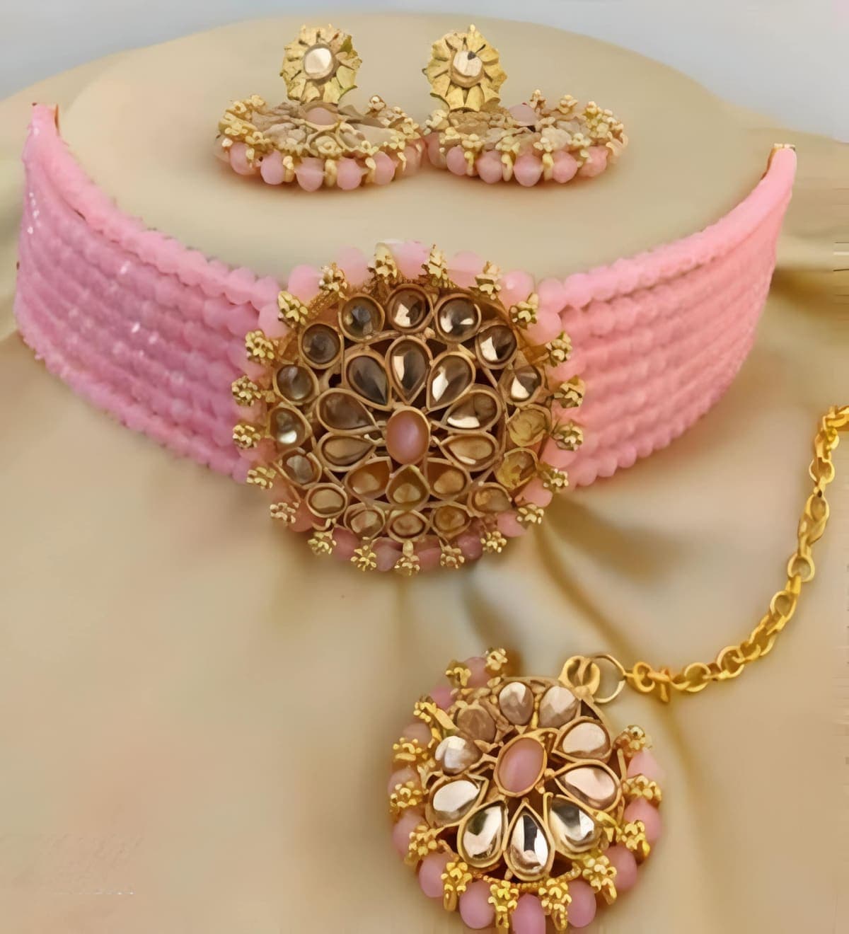Manchaha Gold Plated Aishwarya Choker Set - Pink