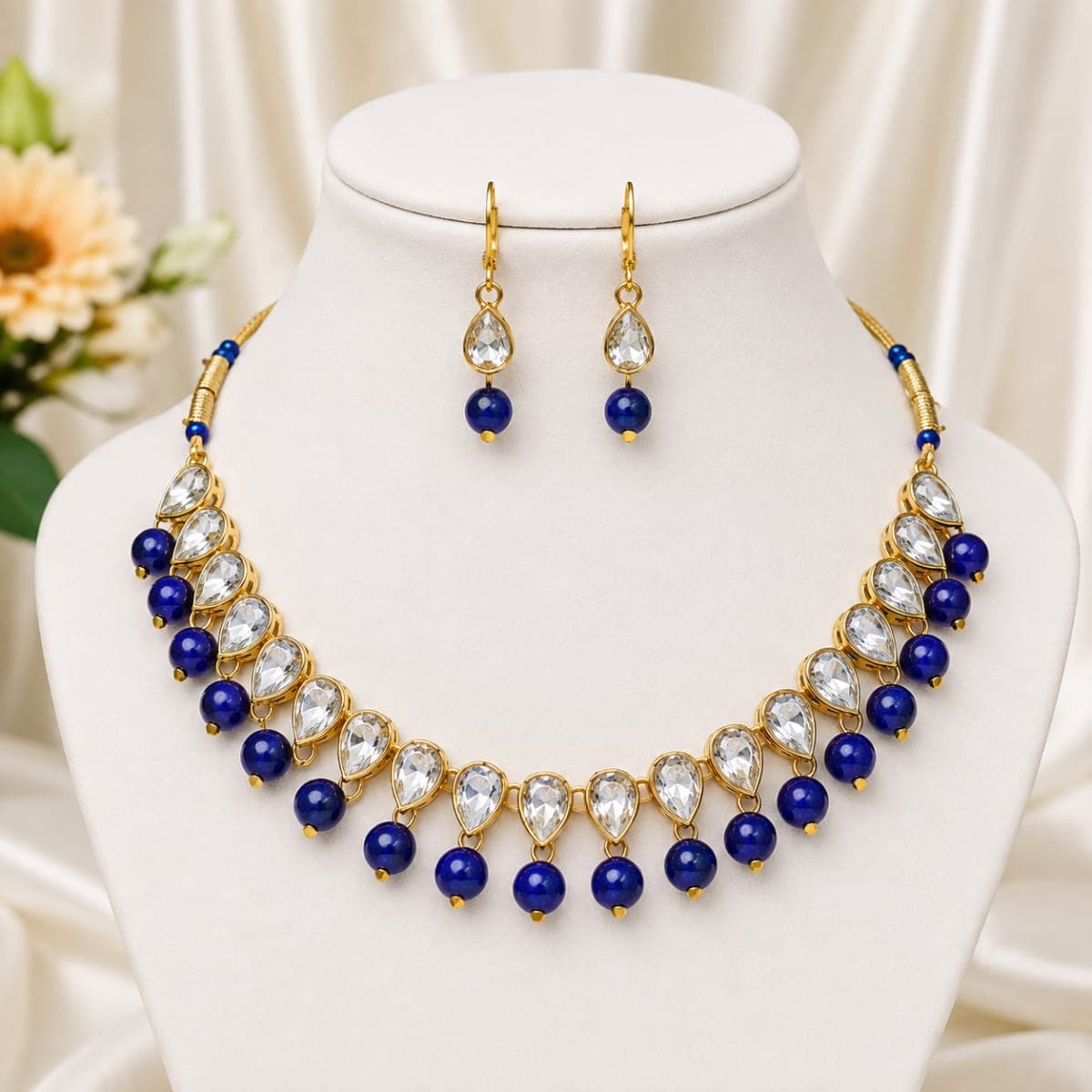 Manchaha White Tilak Pearl Necklace Set - Blue