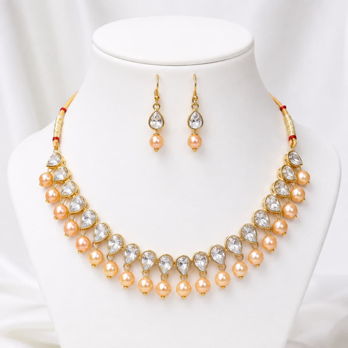 Manchaha White Tilak Pearl Necklace Set - Gold