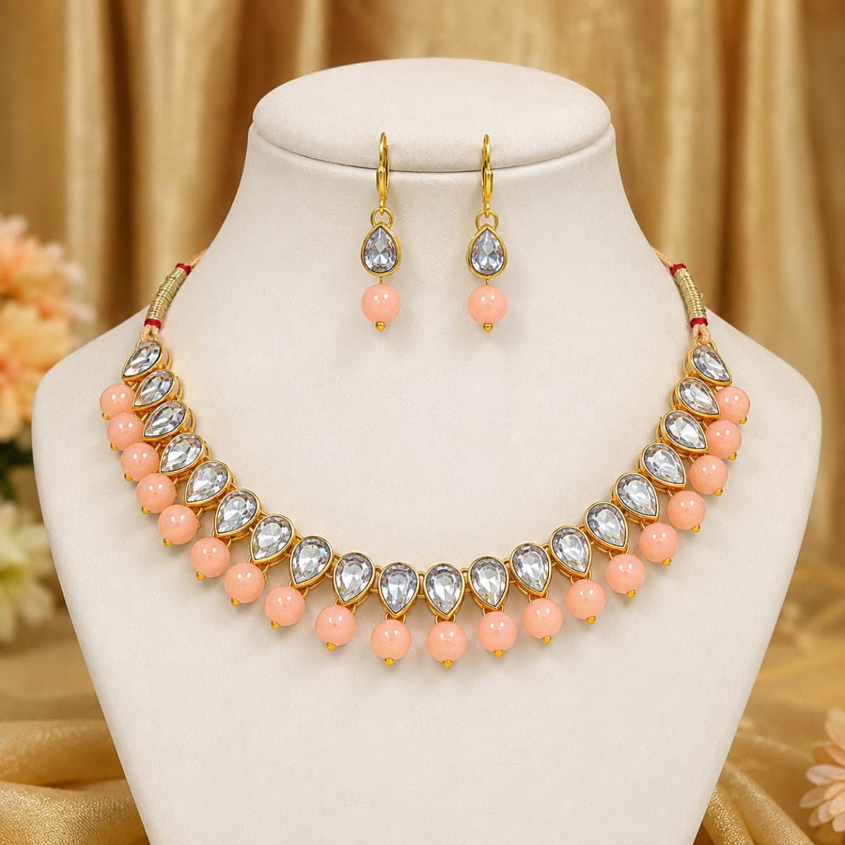 Manchaha White Tilak Pearl Necklace Set - Peach
