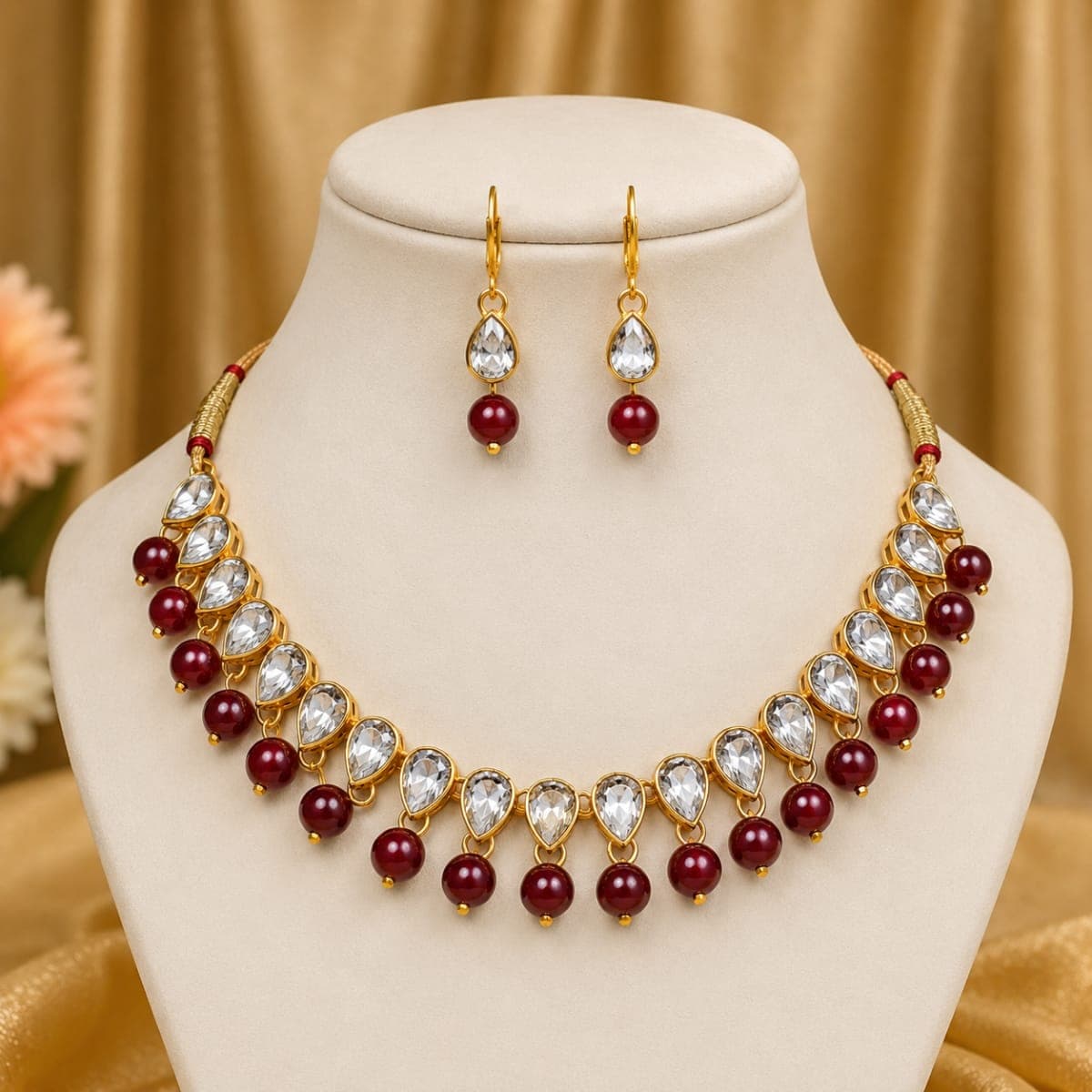 Manchaha White Tilak Pearl Necklace Set - Maroon