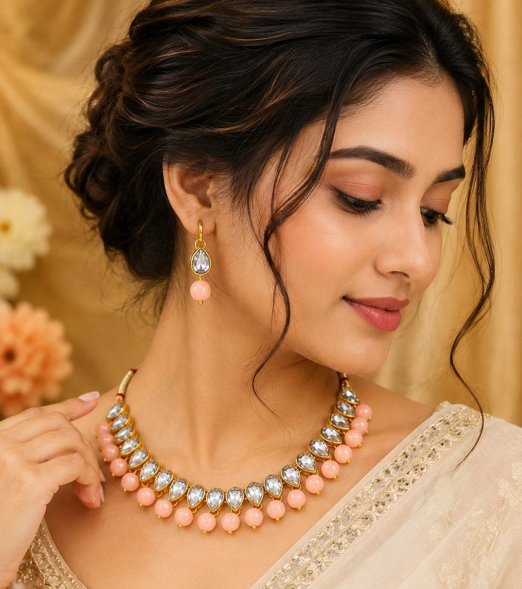 Manchaha White Tilak Pearl Necklace Set - Peach