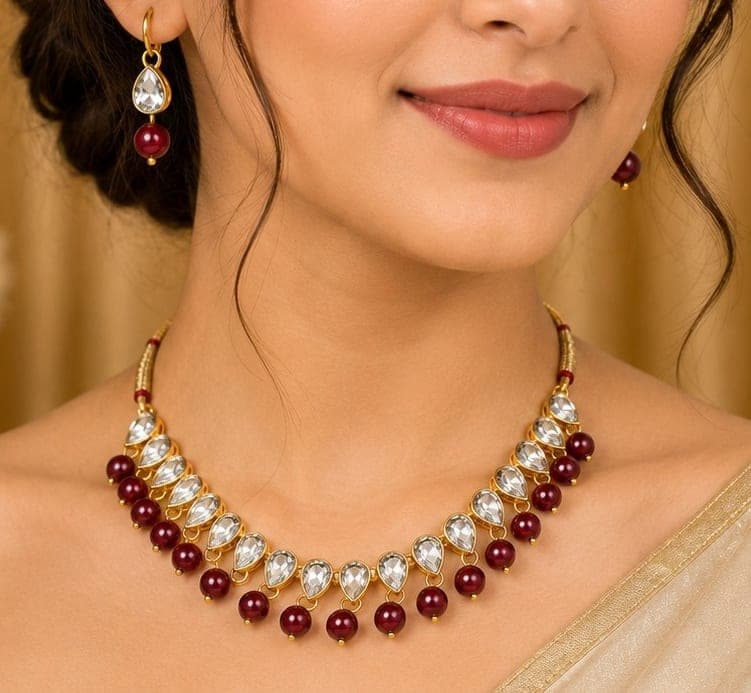 Manchaha White Tilak Pearl Necklace Set - Maroon