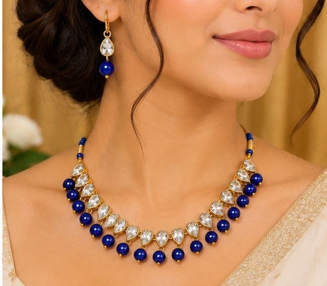 Manchaha White Tilak Pearl Necklace Set - Blue