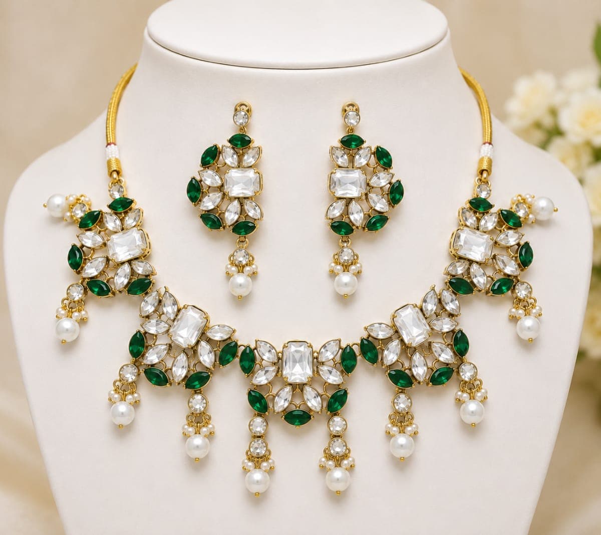 Manchaha Kundan & Markiss Stone Bridal Set - White