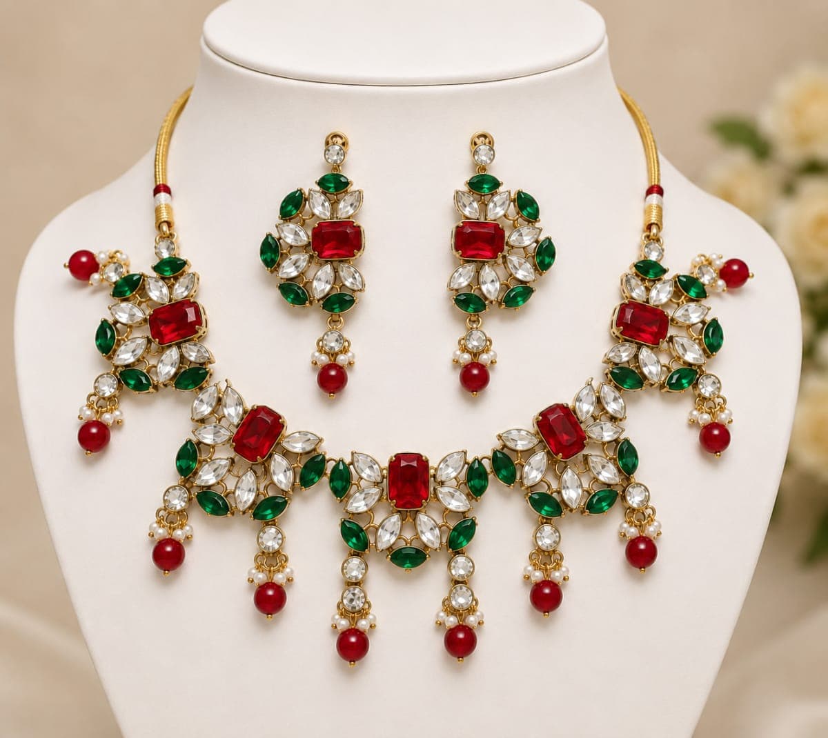 Manchaha Kundan & Markiss Stone Bridal Set - Red