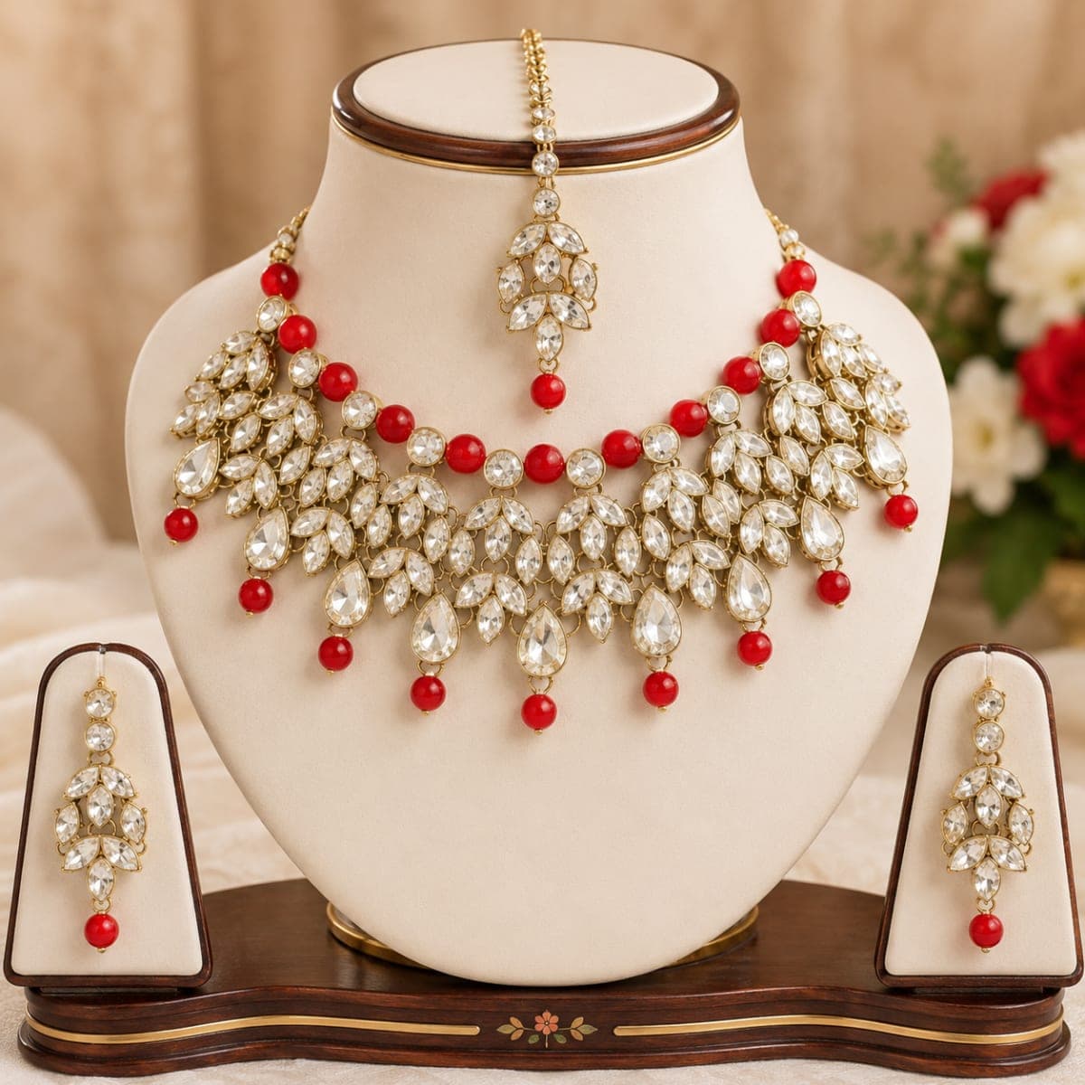 Manchaha Matte Plated Pearl Drop Crystal Necklace Set - Red