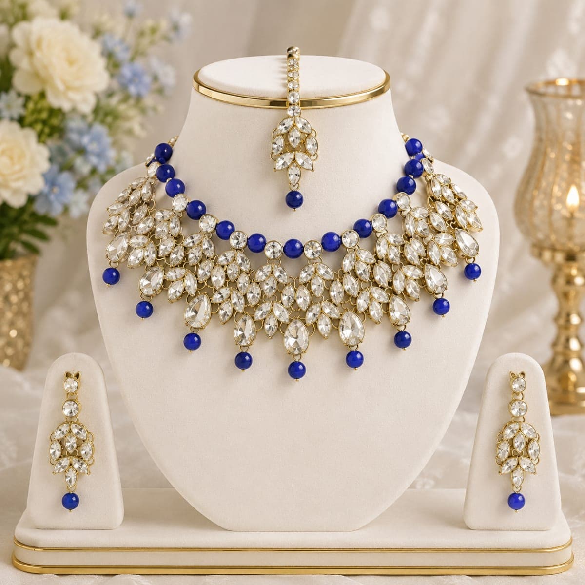Manchaha Matte Plated Pearl Drop Crystal Necklace Set - Blue
