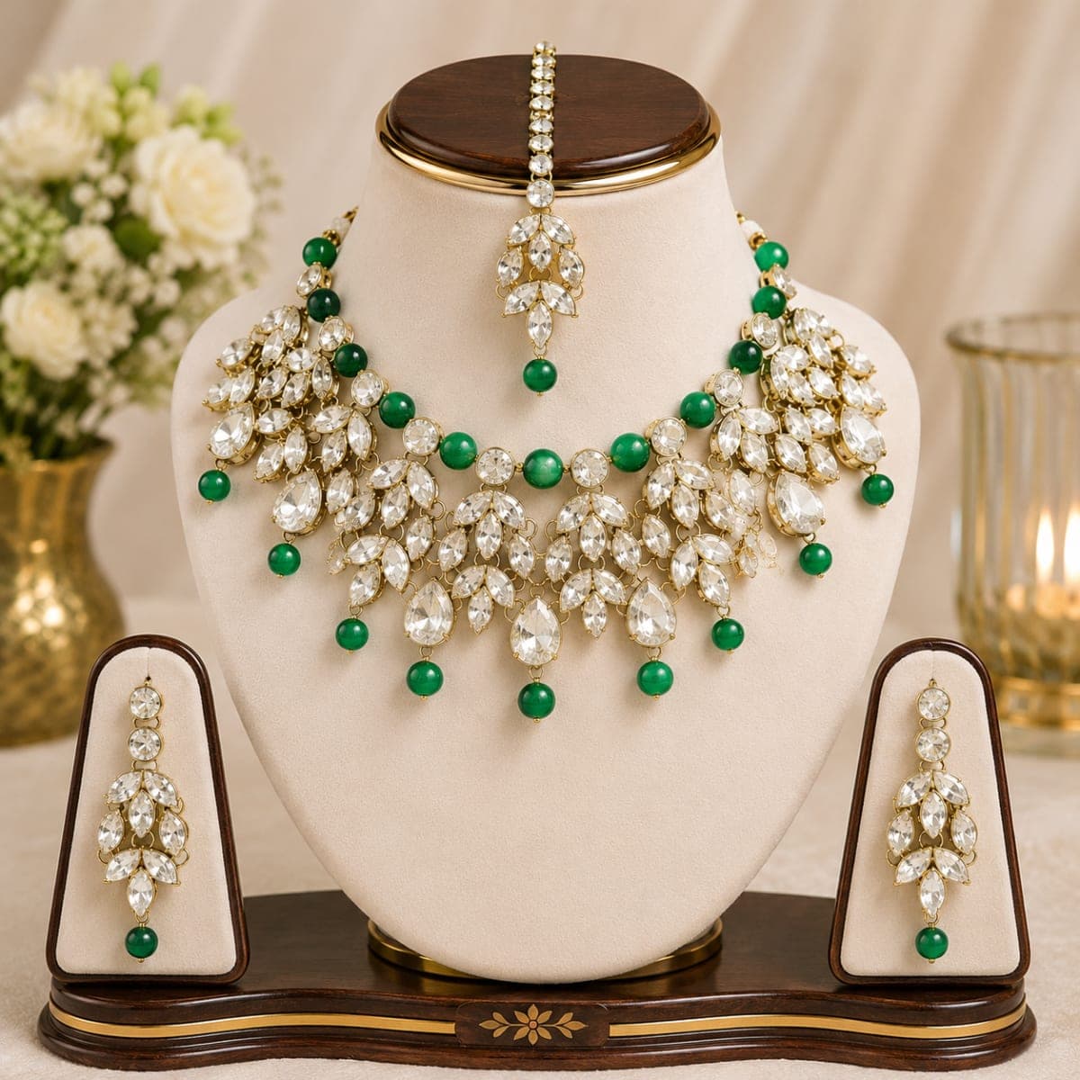 Manchaha Matte Plated Pearl Drop Crystal Necklace Set - Green