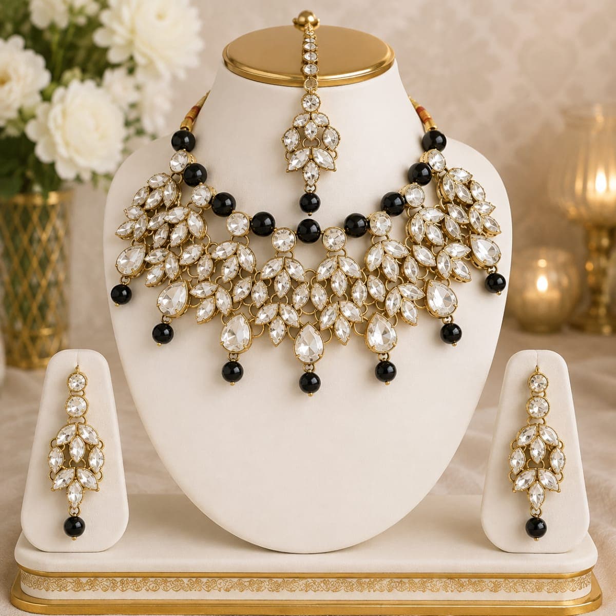 Manchaha Matte Plated Pearl Drop Crystal Necklace Set - Black