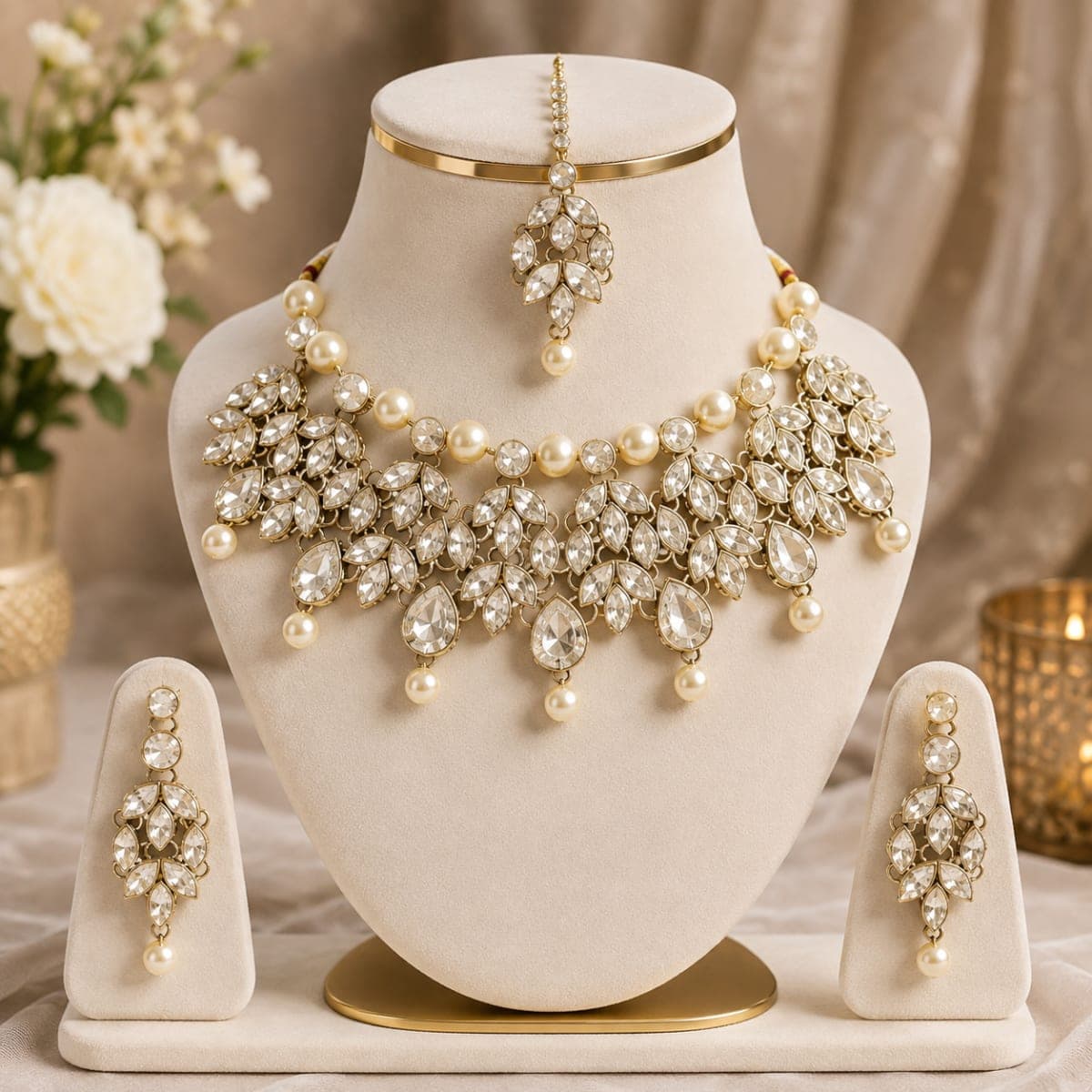 Manchaha Matte Plated Pearl Drop Crystal Necklace Set