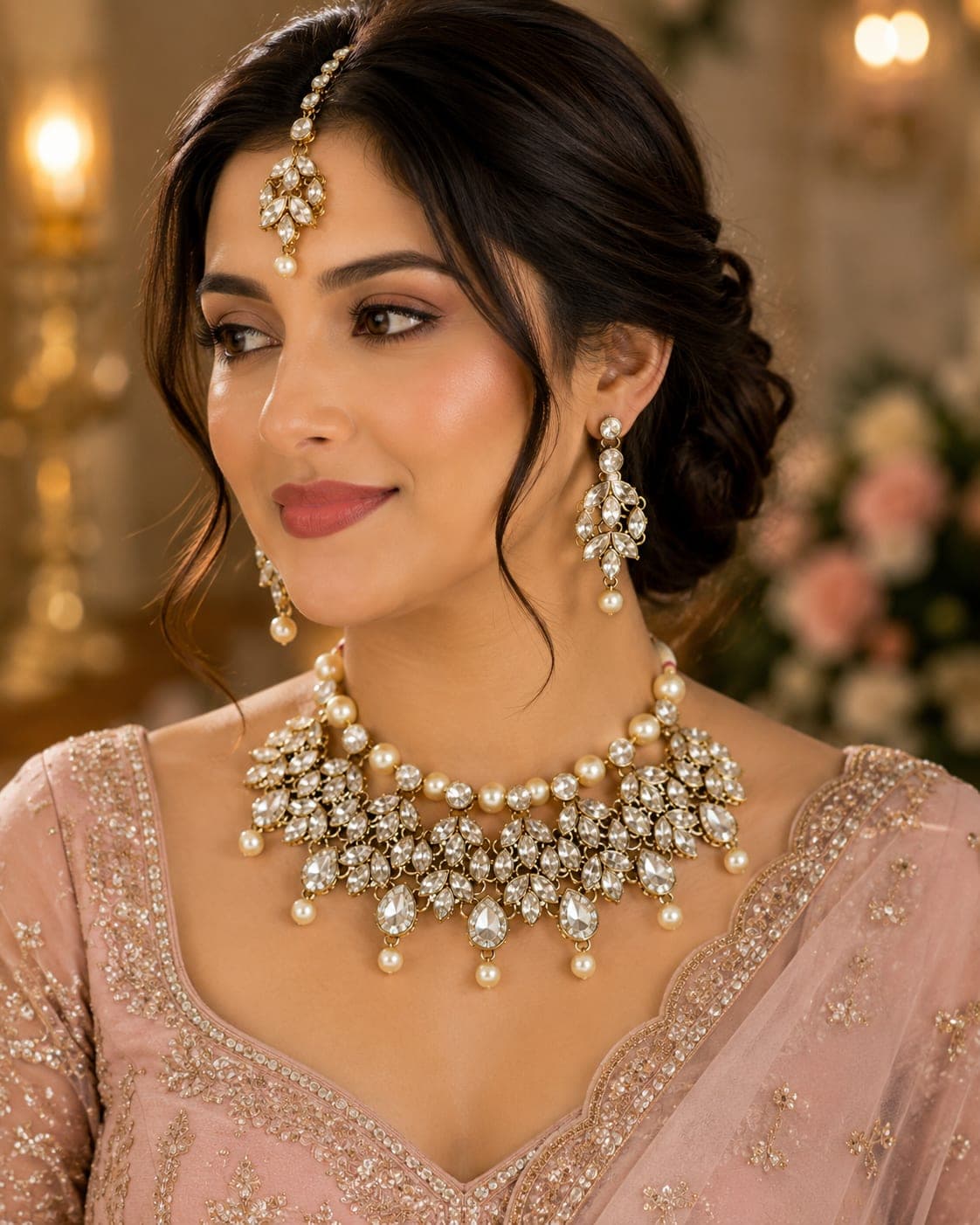 Manchaha Matte Plated Pearl Drop Crystal Necklace Set