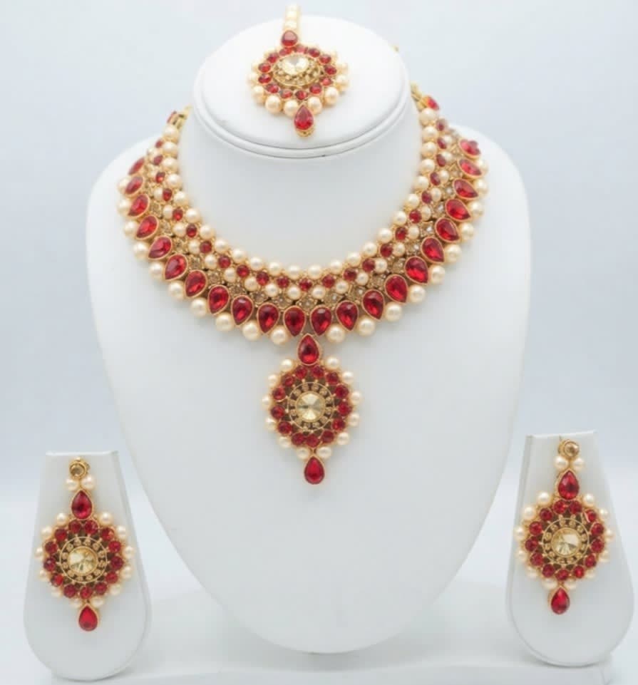 Manchaha Gold Plated Pearl Jewellery Set - Red