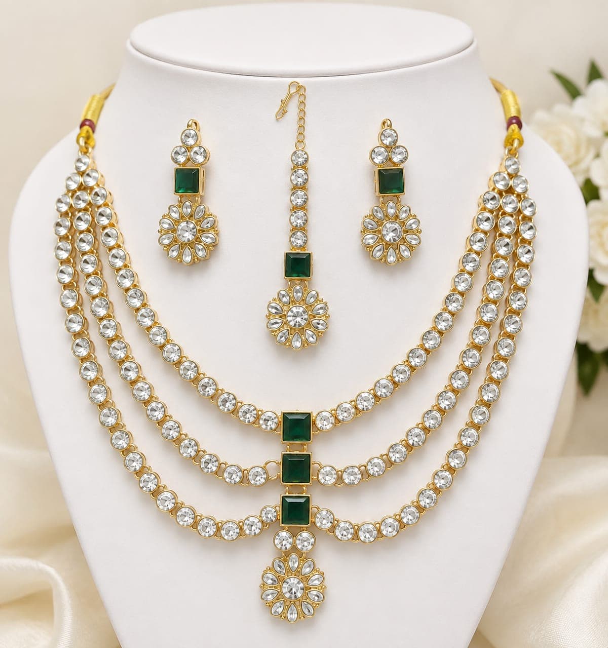 Manchaha Gold Plated Sparkling Stones Necklace set - Green
