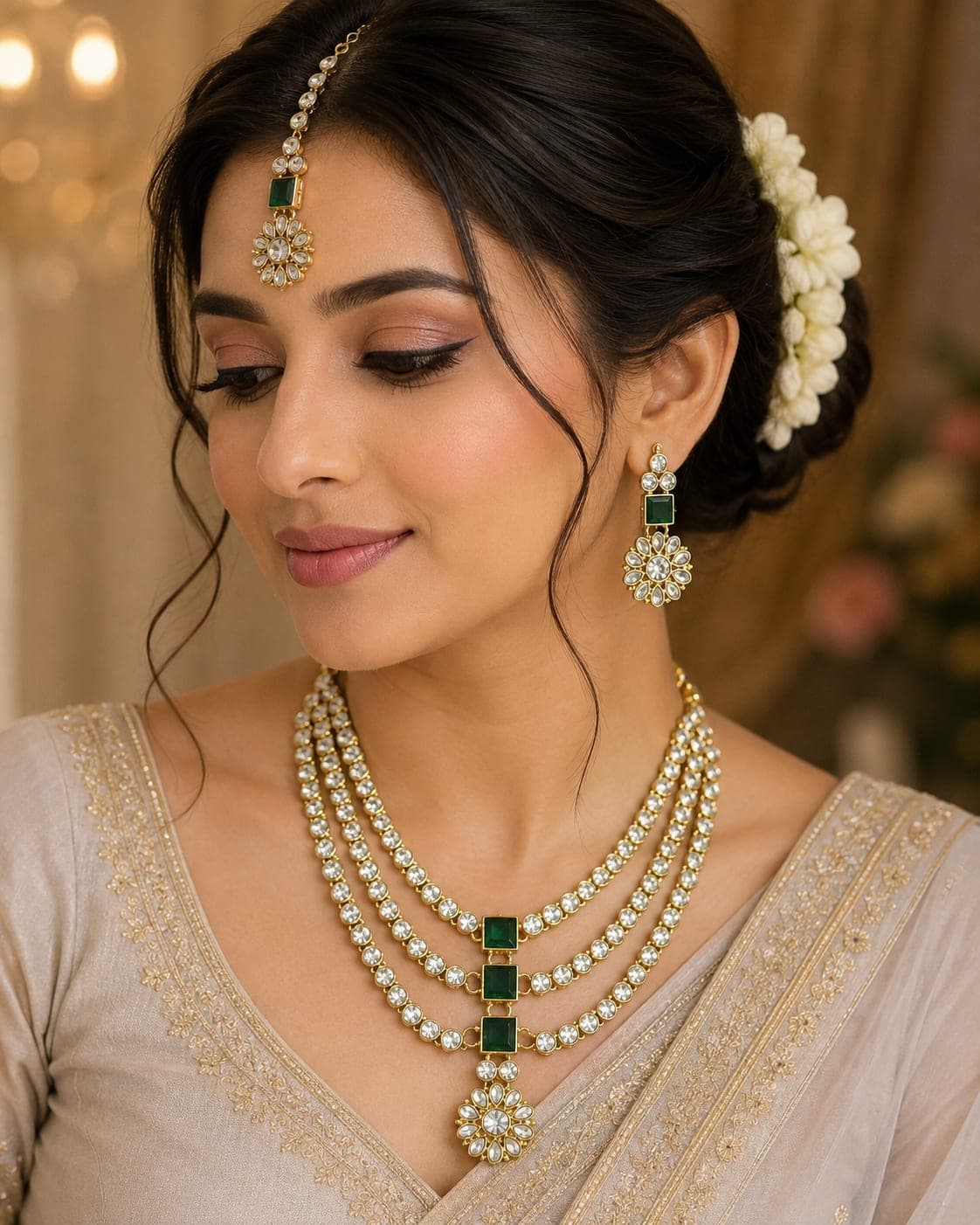 Manchaha Gold Plated Sparkling Stones Necklace set - Green