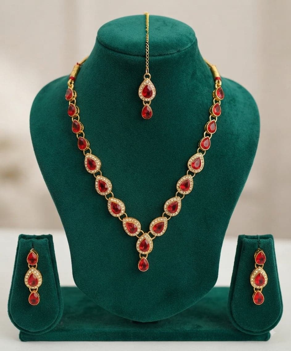 Manchaha Gold Plated Kundan and Stone Necklace Set - Red