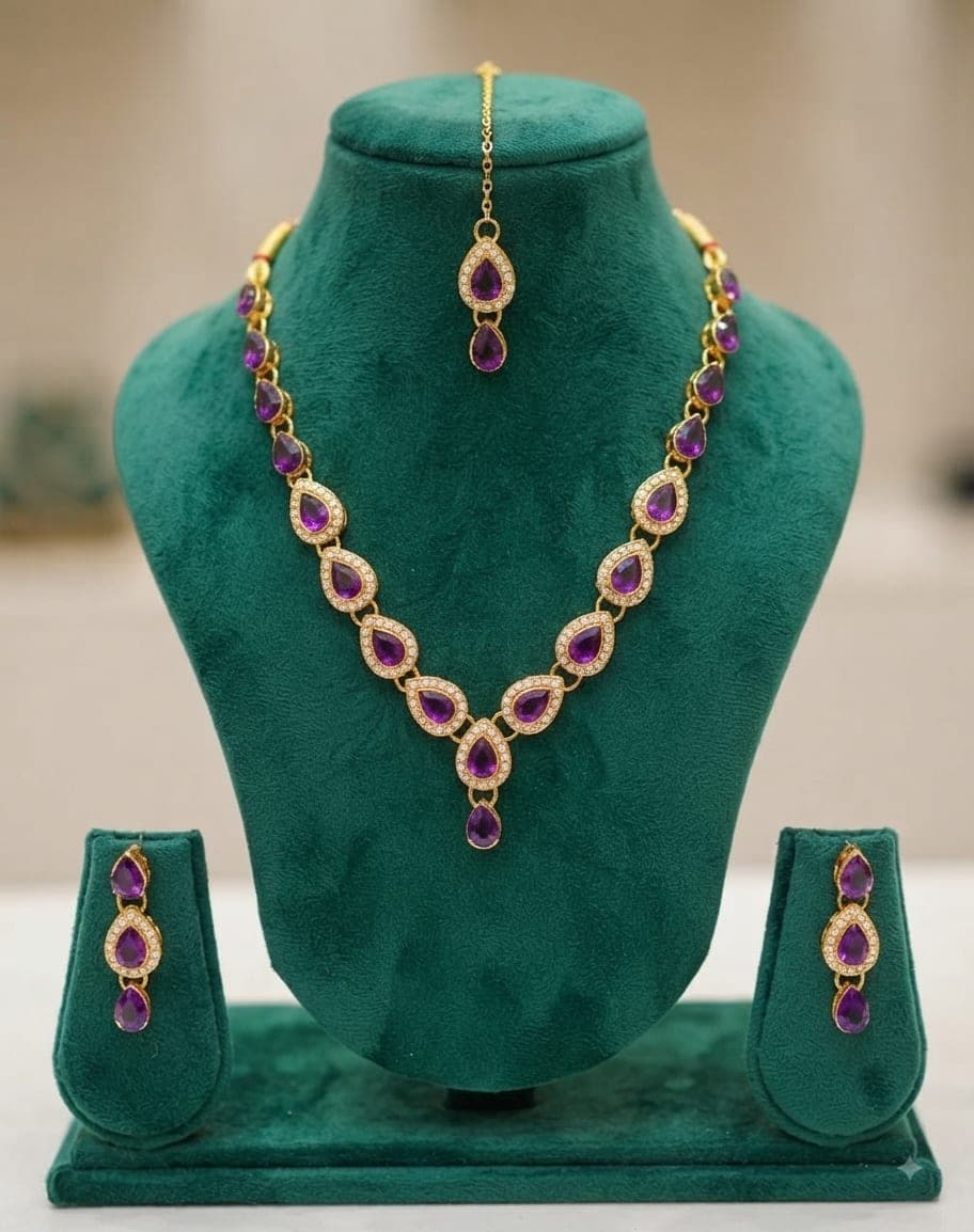 Manchaha Gold Plated Kundan and Stone Necklace Set - Purple