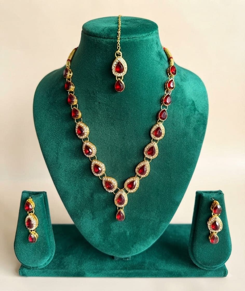 Manchaha Gold Plated Kundan and Stone Necklace Set - Maroon