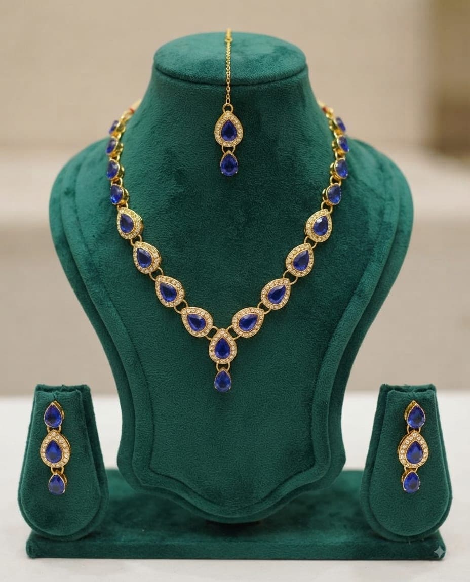 Manchaha Gold Plated Kundan and Stone Necklace Set - Blue