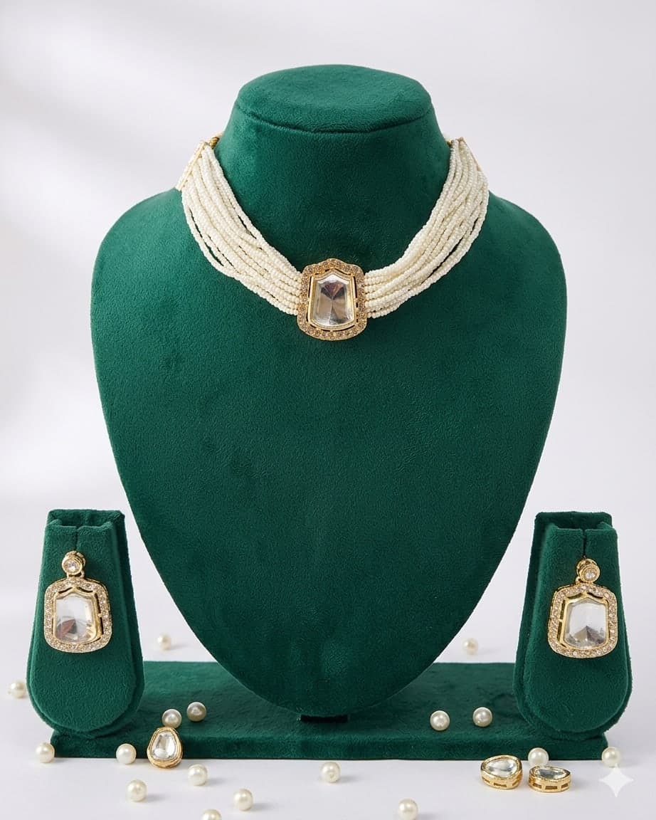 Manchaha silver plated Pearl choker Set - White