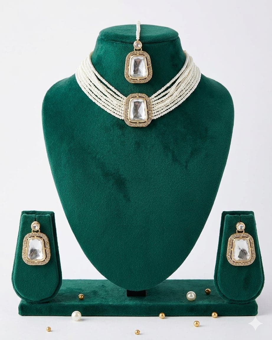 Manchaha silver plated Pearl choker Set - White