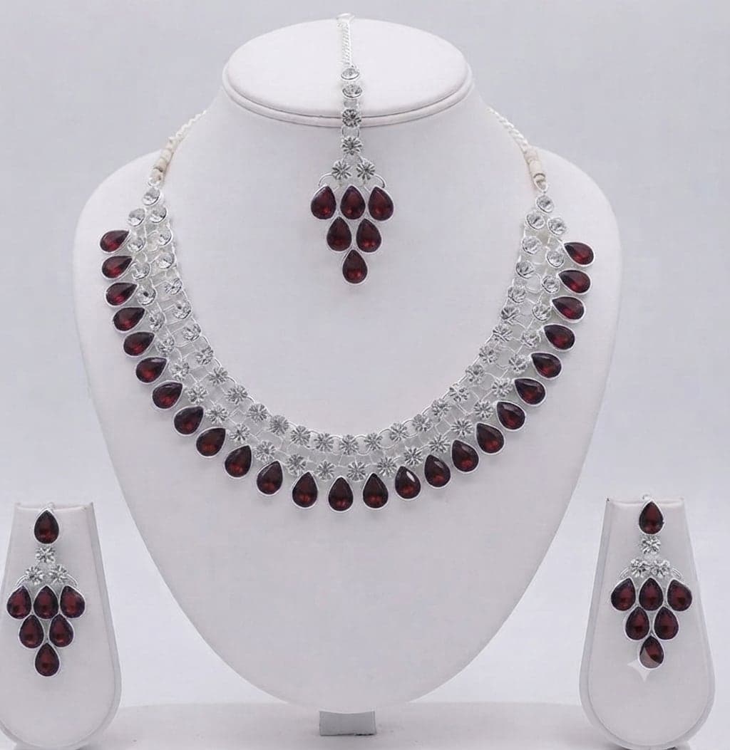 Manchaha Silver Plated Kundan Necklace - Babypink - Maroon