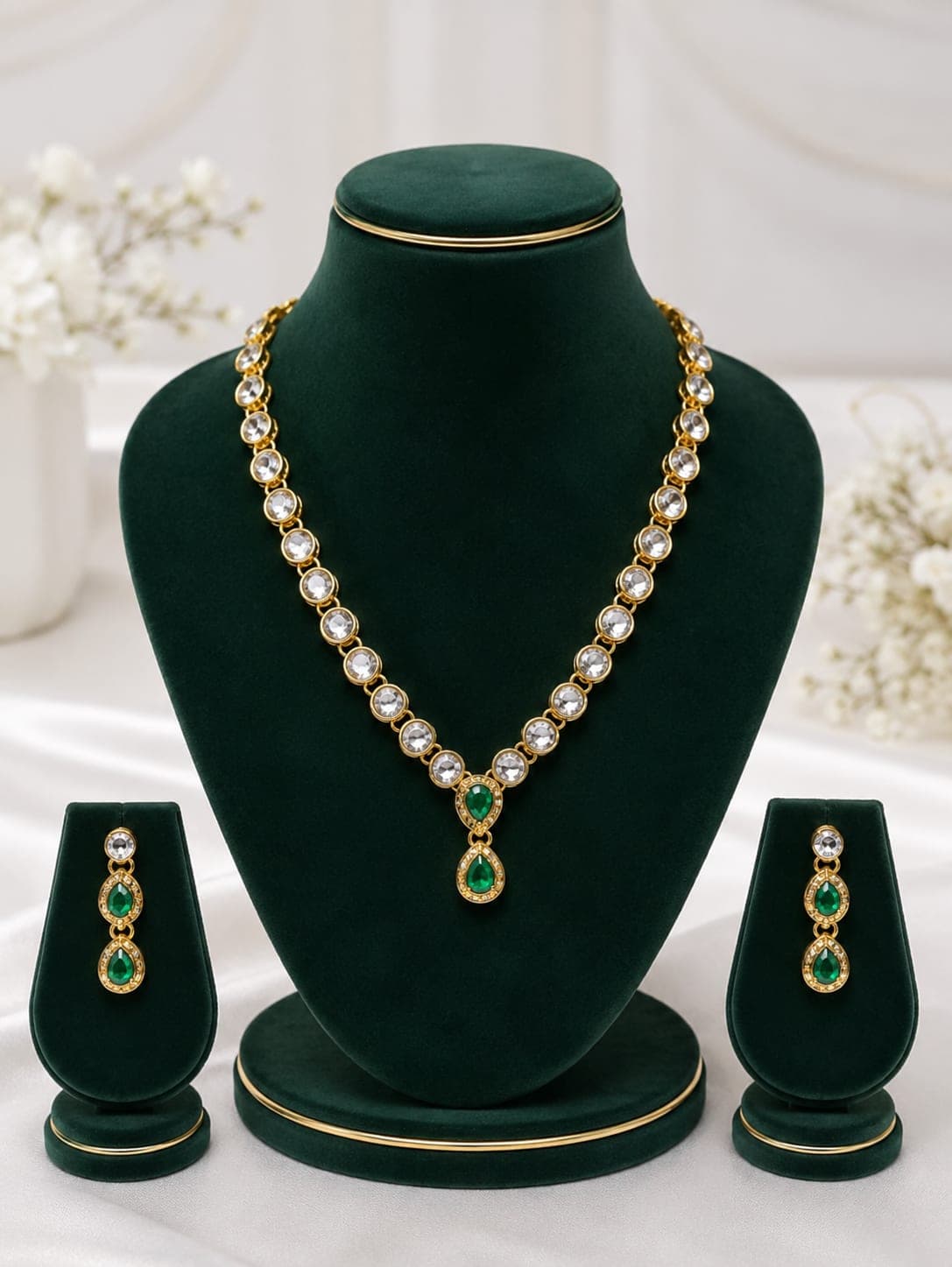 Manchaha Kundan and White Stone Necklace Set - Green
