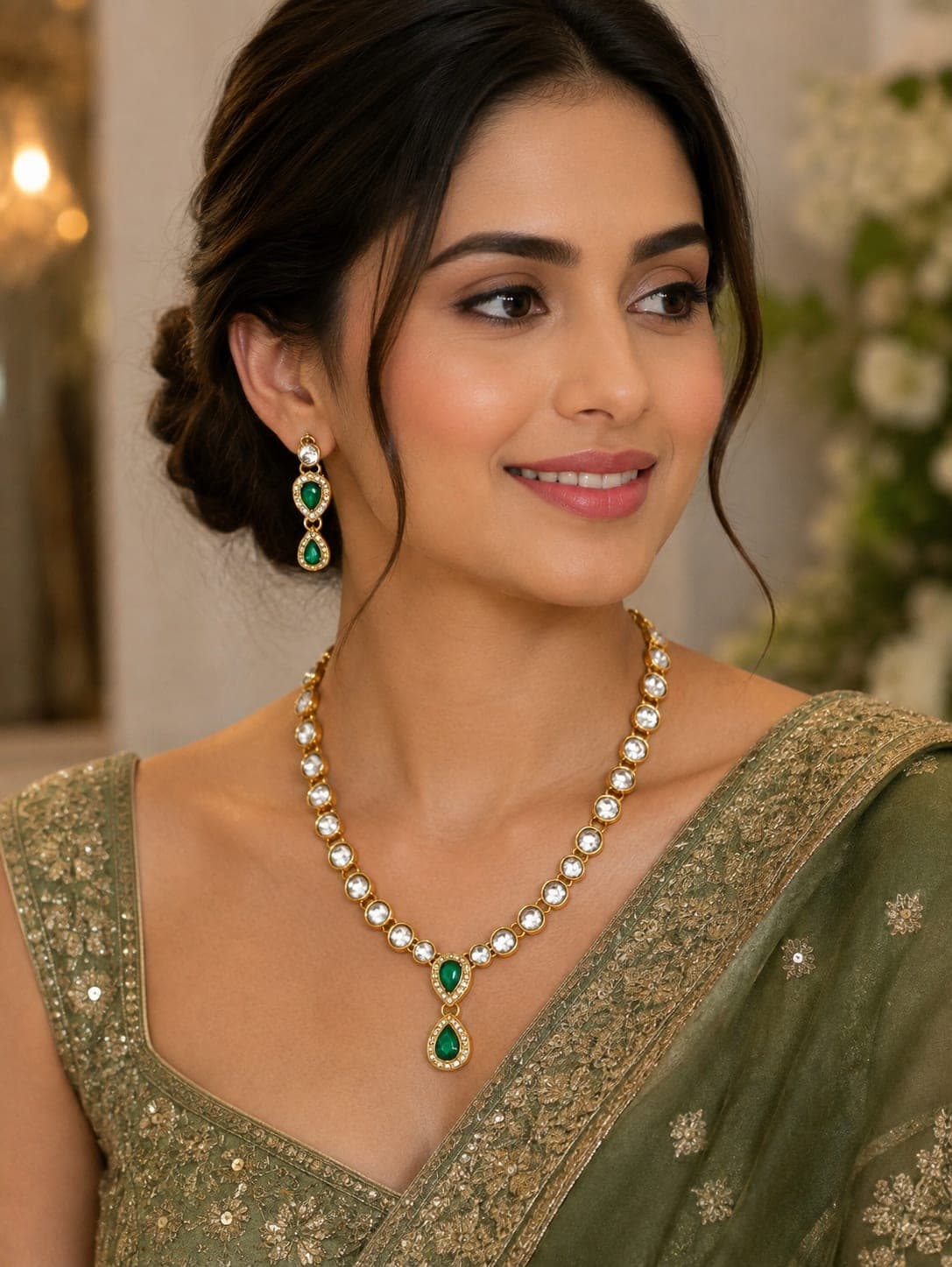 Manchaha Kundan and White Stone Necklace Set - Green